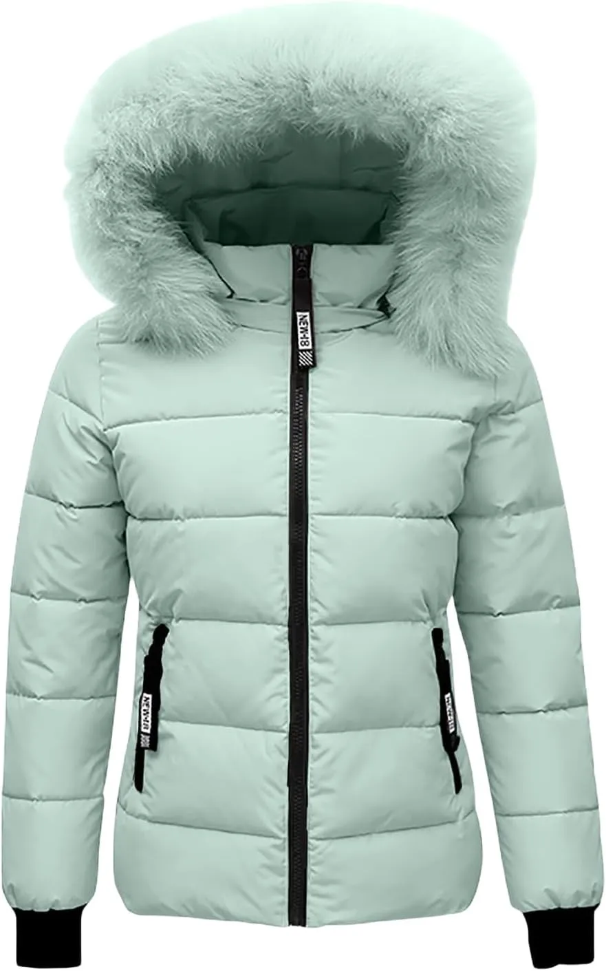 Women's Winter Down Jackets Quilted Puffer Coat Warm Faux Fur Trim Hood Slim Fit Outerwear with Side Zip Pockets