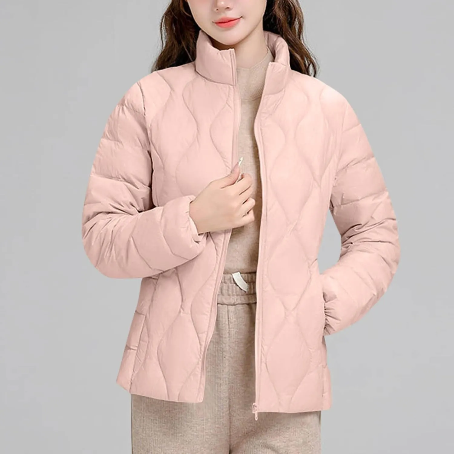 Women's Winter Lightweight Down Jacket Short Puffer Jacket Stand Collar Long Sleeved Warm Coats Padded Jacket