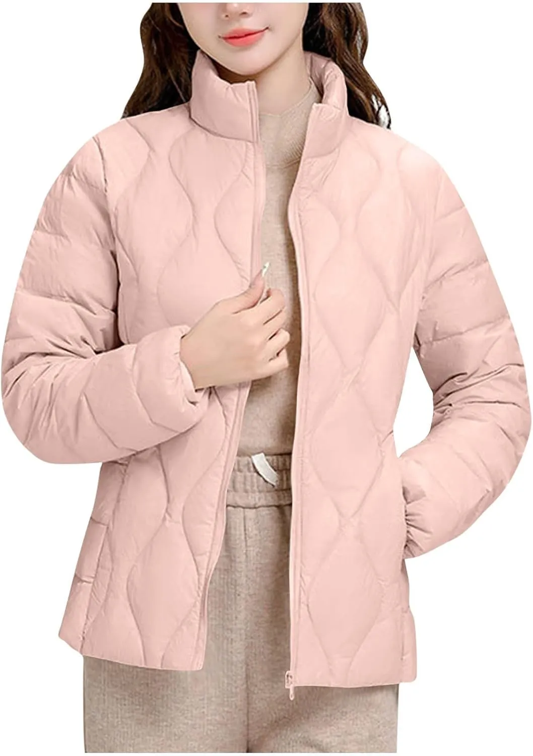 Women's Winter Lightweight Down Jacket Short Puffer Jacket Stand Collar Long Sleeved Warm Coats Padded Jacket