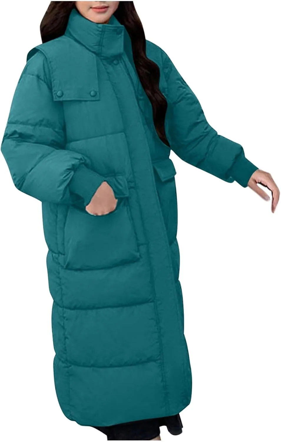 Womens Winter Long down Coats Zip up Stand Collar Puffer Parka Jackets Loose Casual Warm Padded Outerwear with Pocket