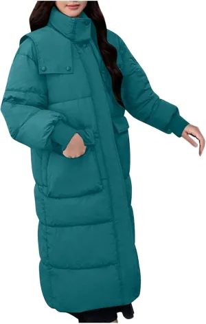 Womens Winter Long down Coats Zip up Stand Collar Puffer Parka Jackets Loose Casual Warm Padded Outerwear with Pocket