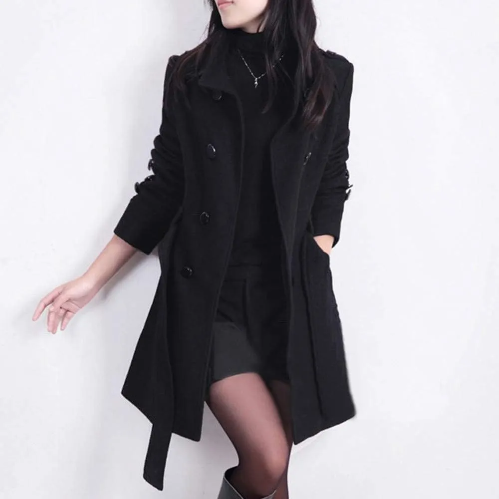 Women's Winter Single Breasted Wool Coat Slim Fit Notch Collar Business Woolen Blazer Jacket Belted Trench Coat