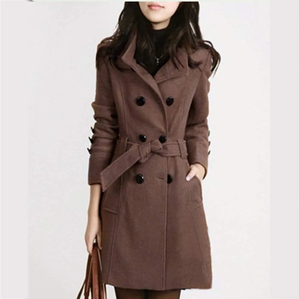 Women's Winter Single Breasted Wool Coat Slim Fit Notch Collar Business Woolen Blazer Jacket Belted Trench Coat