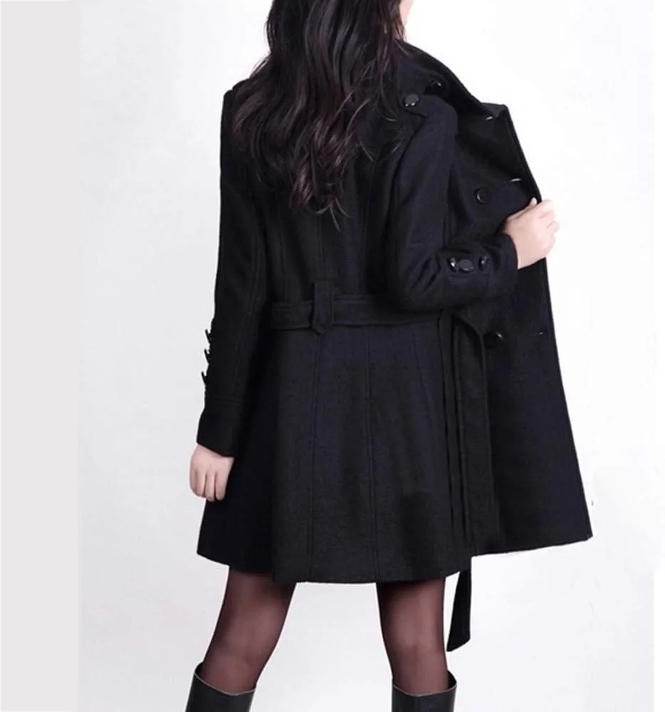Women's Winter Single Breasted Wool Coat Slim Fit Notch Collar Business Woolen Blazer Jacket Belted Trench Coat