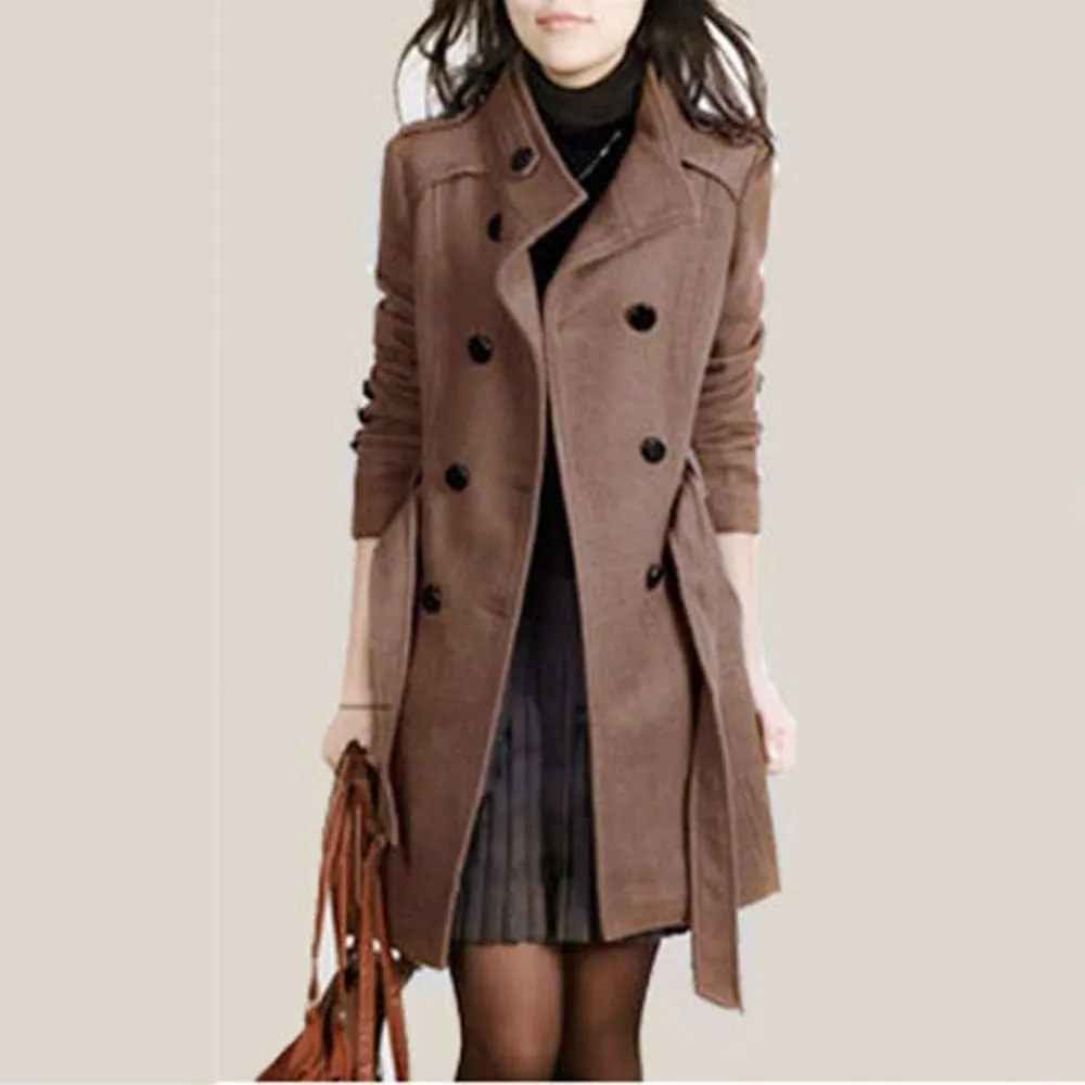 Women's Winter Single Breasted Wool Coat Slim Fit Notch Collar Business Woolen Blazer Jacket Belted Trench Coat