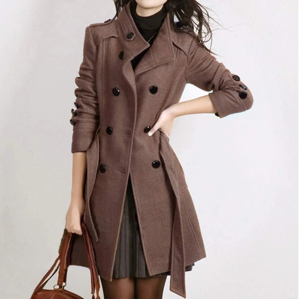 Women's Winter Single Breasted Wool Coat Slim Fit Notch Collar Business Woolen Blazer Jacket Belted Trench Coat
