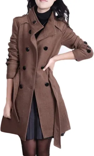 Women's Winter Single Breasted Wool Coat Slim Fit Notch Collar Business Woolen Blazer Jacket Belted Trench Coat