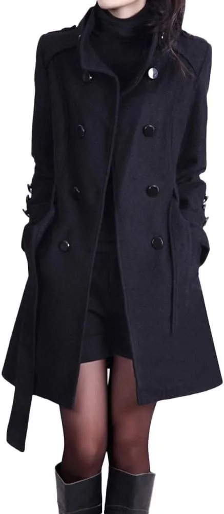 Women's Winter Single Breasted Wool Coat Slim Fit Notch Collar Business Woolen Blazer Jacket Belted Trench Coat