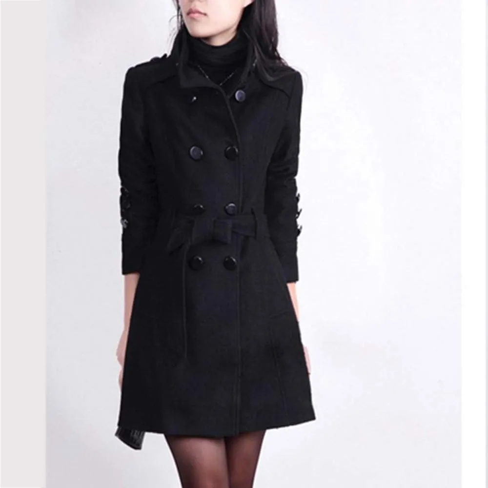 Women's Winter Single Breasted Wool Coat Slim Fit Notch Collar Business Woolen Blazer Jacket Belted Trench Coat