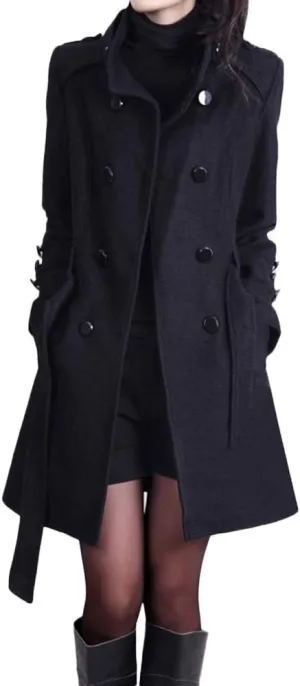 Women's Winter Single Breasted Wool Coat Slim Fit Notch Collar Business Woolen Blazer Jacket Belted Trench Coat