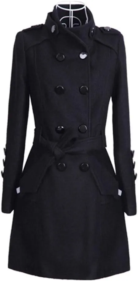Women's Winter Single Breasted Wool Coat Slim Fit Notch Collar Business Woolen Blazer Jacket Belted Trench Coat