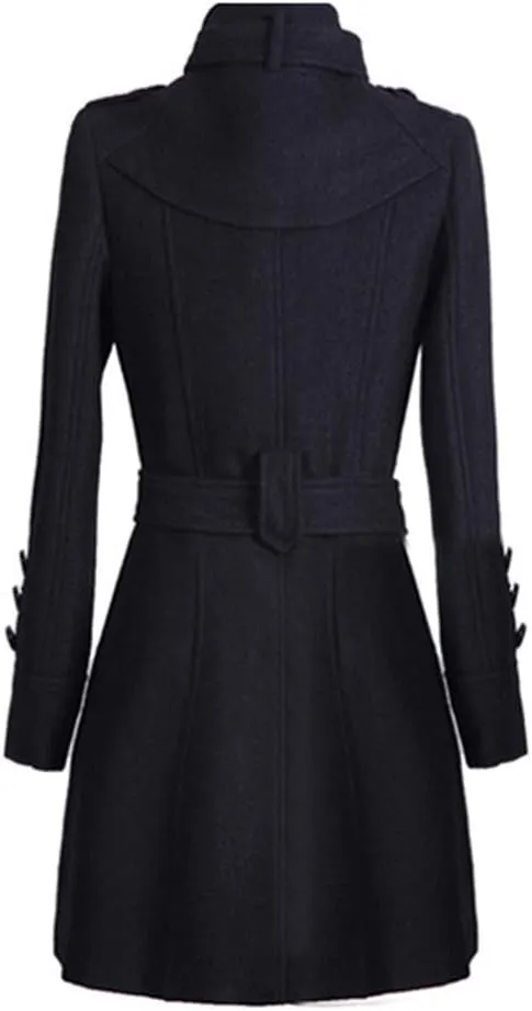 Women's Winter Single Breasted Wool Coat Slim Fit Notch Collar Business Woolen Blazer Jacket Belted Trench Coat