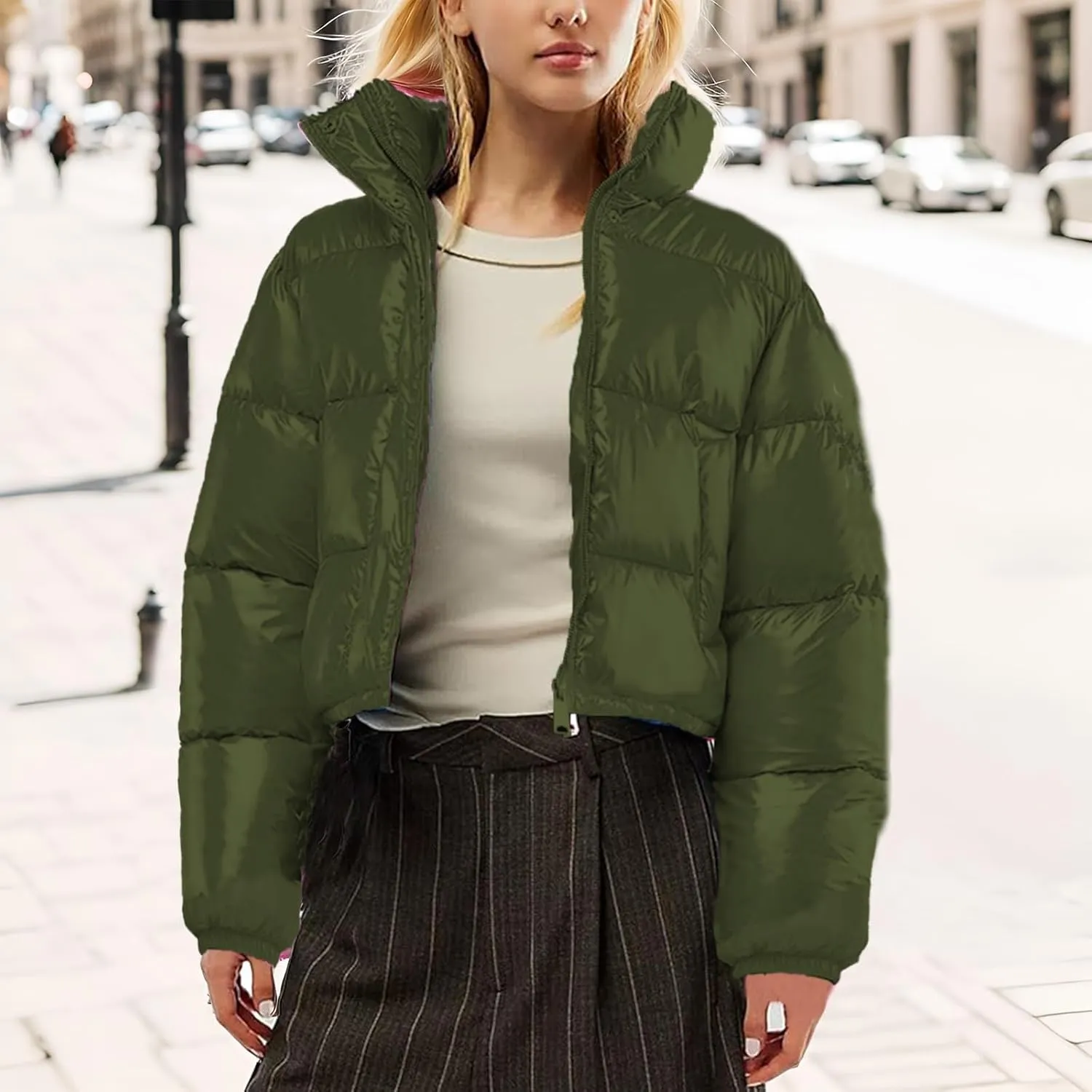 Women's Winter Warm Stand Collar Jackets Slim Fit Cropped Puffer Down Coats Casual Stylish Winter Outerwear