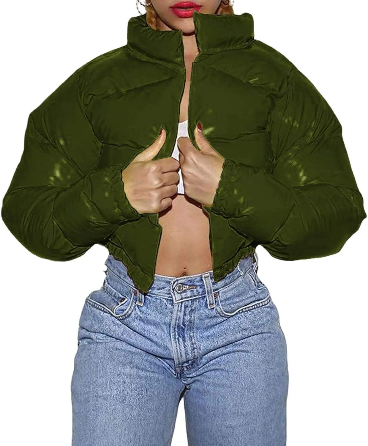 Women's Winter Warm Stand Collar Jackets Slim Fit Cropped Puffer Down Coats Casual Stylish Winter Outerwear