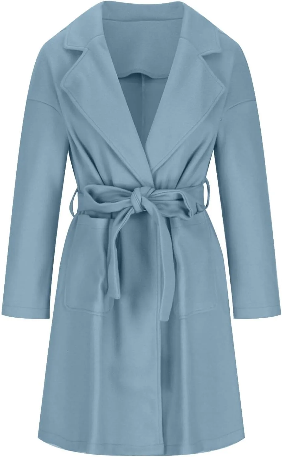 Women's Wool Coats Casual Notch Lapel Open Front Peacoat Plus Size Mid Length Overcoat Winter Trench Coats with Belt