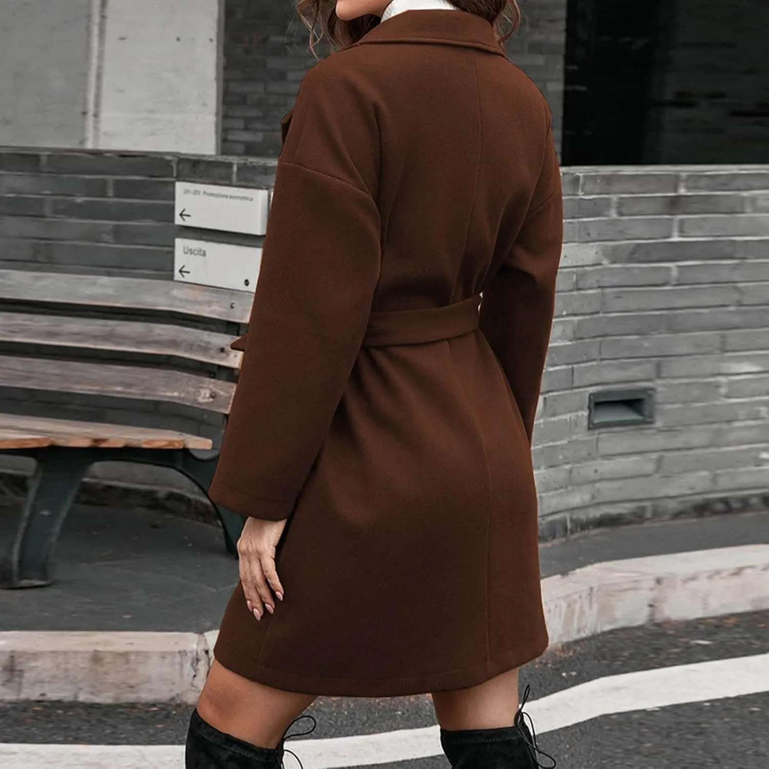 Women's Wool Coats Casual Notch Lapel Open Front Peacoat Plus Size Mid Length Overcoat Winter Trench Coats with Belt