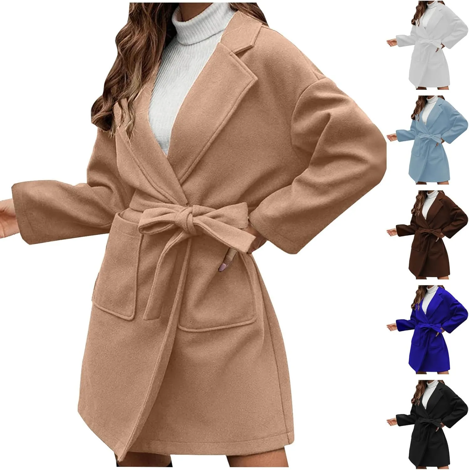 Women's Wool Coats Casual Notch Lapel Open Front Peacoat Plus Size Mid Length Overcoat Winter Trench Coats with Belt
