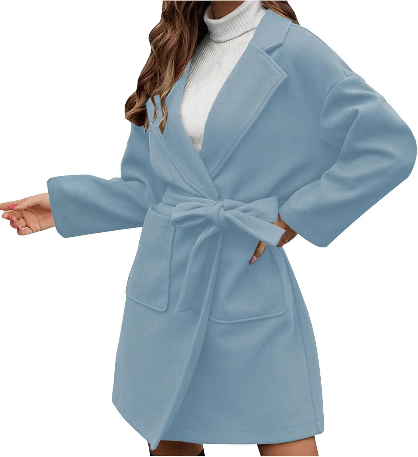 Women's Wool Coats Casual Notch Lapel Open Front Peacoat Plus Size Mid Length Overcoat Winter Trench Coats with Belt