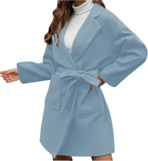 Women's Wool Coats Casual Notch Lapel Open Front Peacoat Plus Size Mid Length Overcoat Winter Trench Coats with Belt