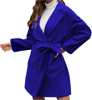Women's Wool Coats Casual Notch Lapel Open Front Peacoat Plus Size Mid Length Overcoat Winter Trench Coats with Belt