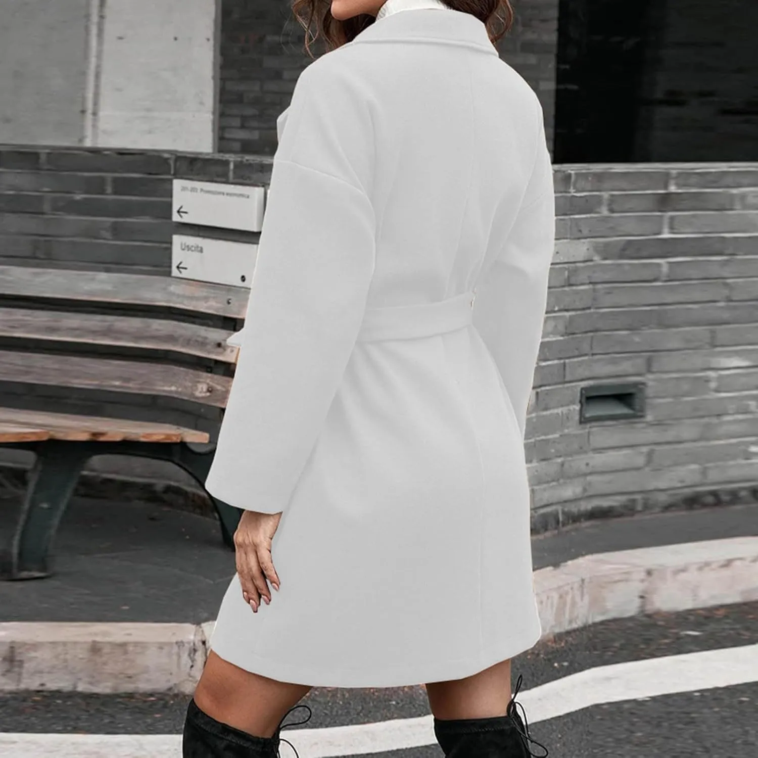 Women's Wool Coats Casual Notch Lapel Open Front Peacoat Plus Size Mid Length Overcoat Winter Trench Coats with Belt