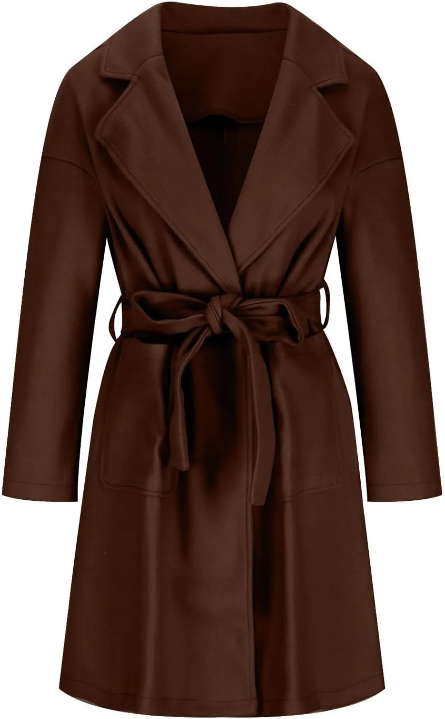 Women's Wool Coats Casual Notch Lapel Open Front Peacoat Plus Size Mid Length Overcoat Winter Trench Coats with Belt