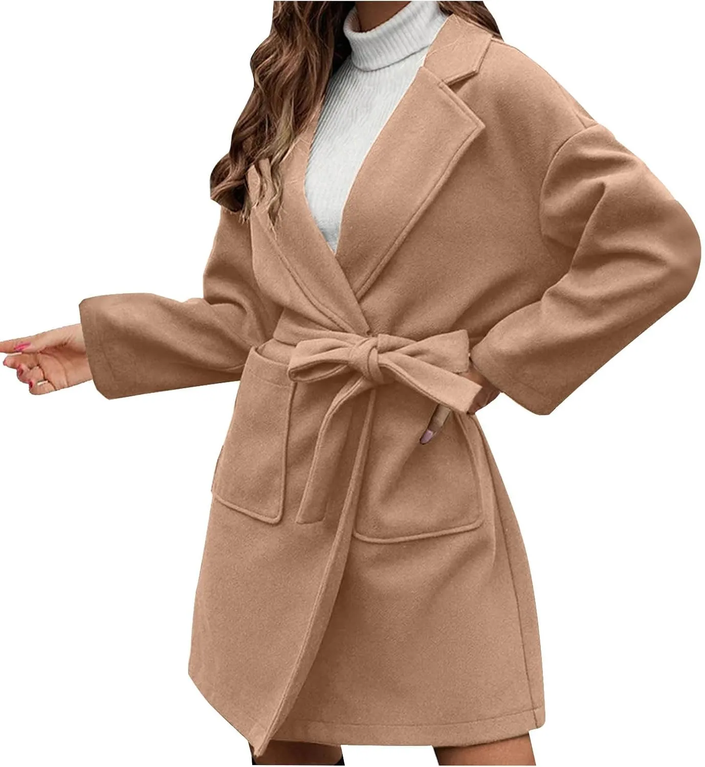 Women's Wool Coats Casual Notch Lapel Open Front Peacoat Plus Size Mid Length Overcoat Winter Trench Coats with Belt