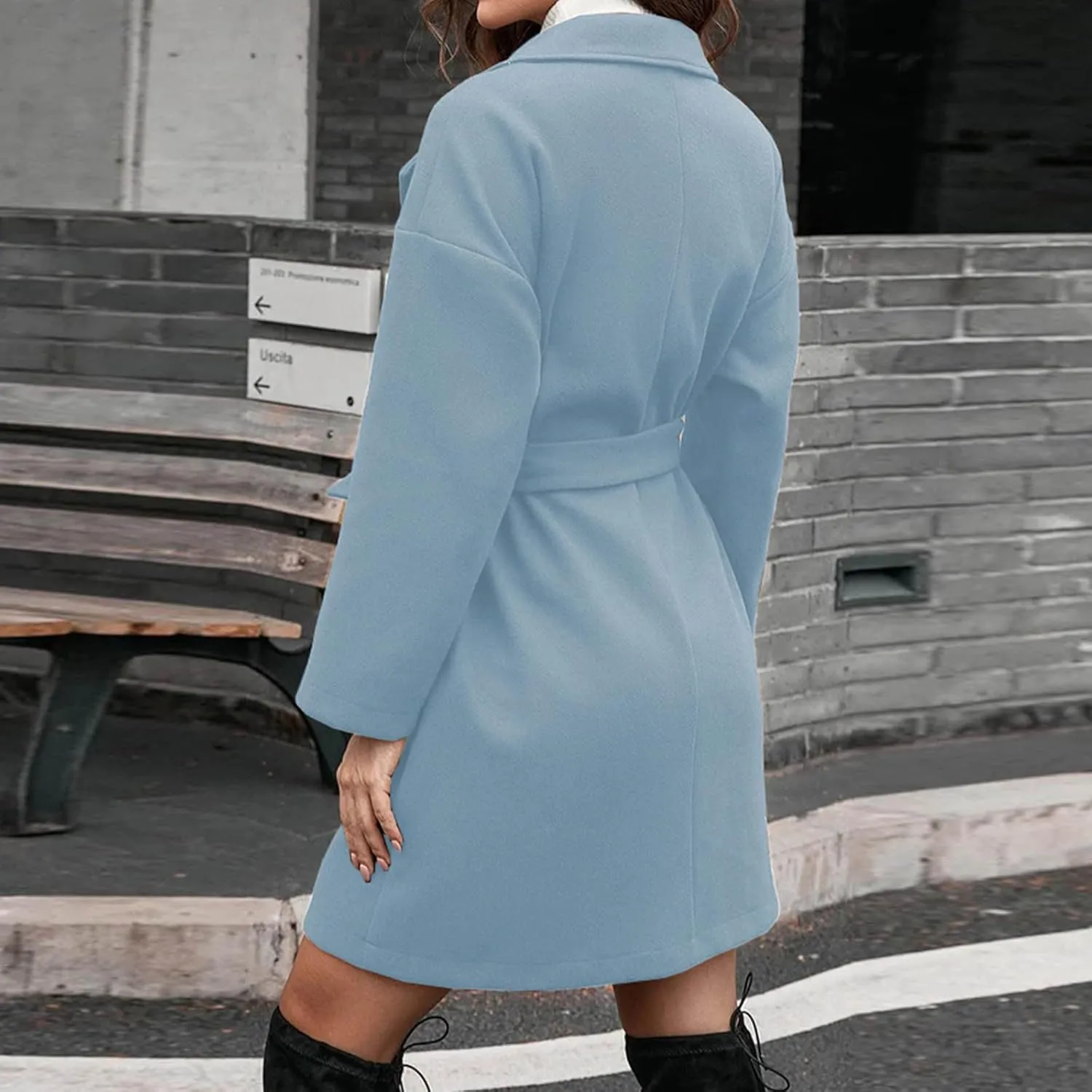 Women's Wool Coats Casual Notch Lapel Open Front Peacoat Plus Size Mid Length Overcoat Winter Trench Coats with Belt