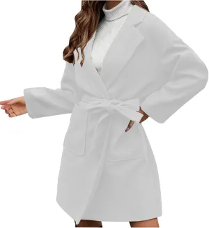 Women's Wool Coats Casual Notch Lapel Open Front Peacoat Plus Size Mid Length Overcoat Winter Trench Coats with Belt