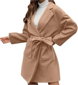 Women's Wool Coats Casual Notch Lapel Open Front Peacoat Plus Size Mid Length Overcoat Winter Trench Coats with Belt