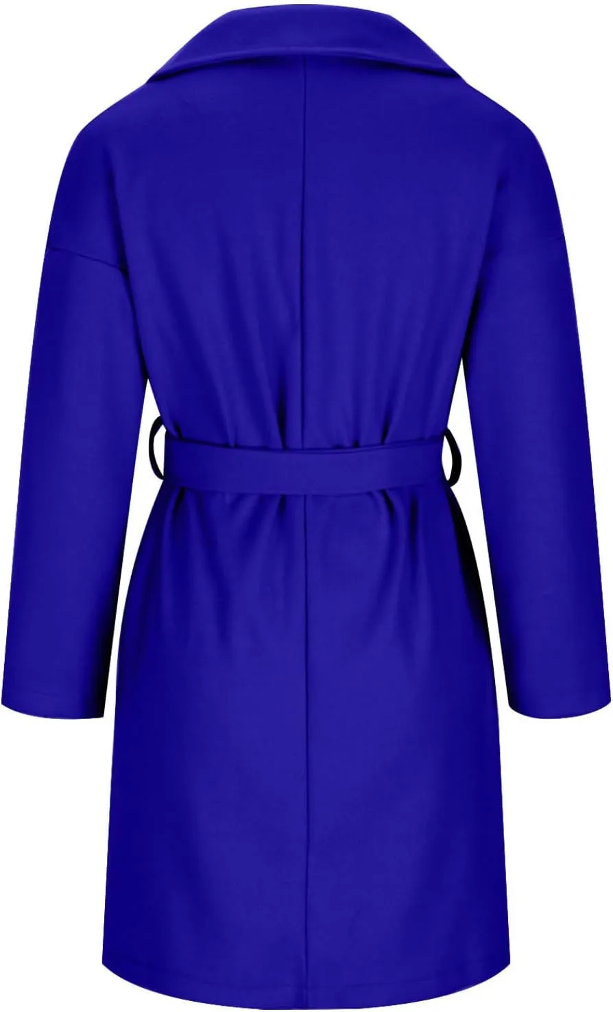 Women's Wool Coats Casual Notch Lapel Open Front Peacoat Plus Size Mid Length Overcoat Winter Trench Coats with Belt