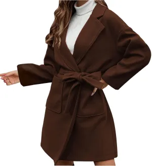 Women's Wool Coats Casual Notch Lapel Open Front Peacoat Plus Size Mid Length Overcoat Winter Trench Coats with Belt