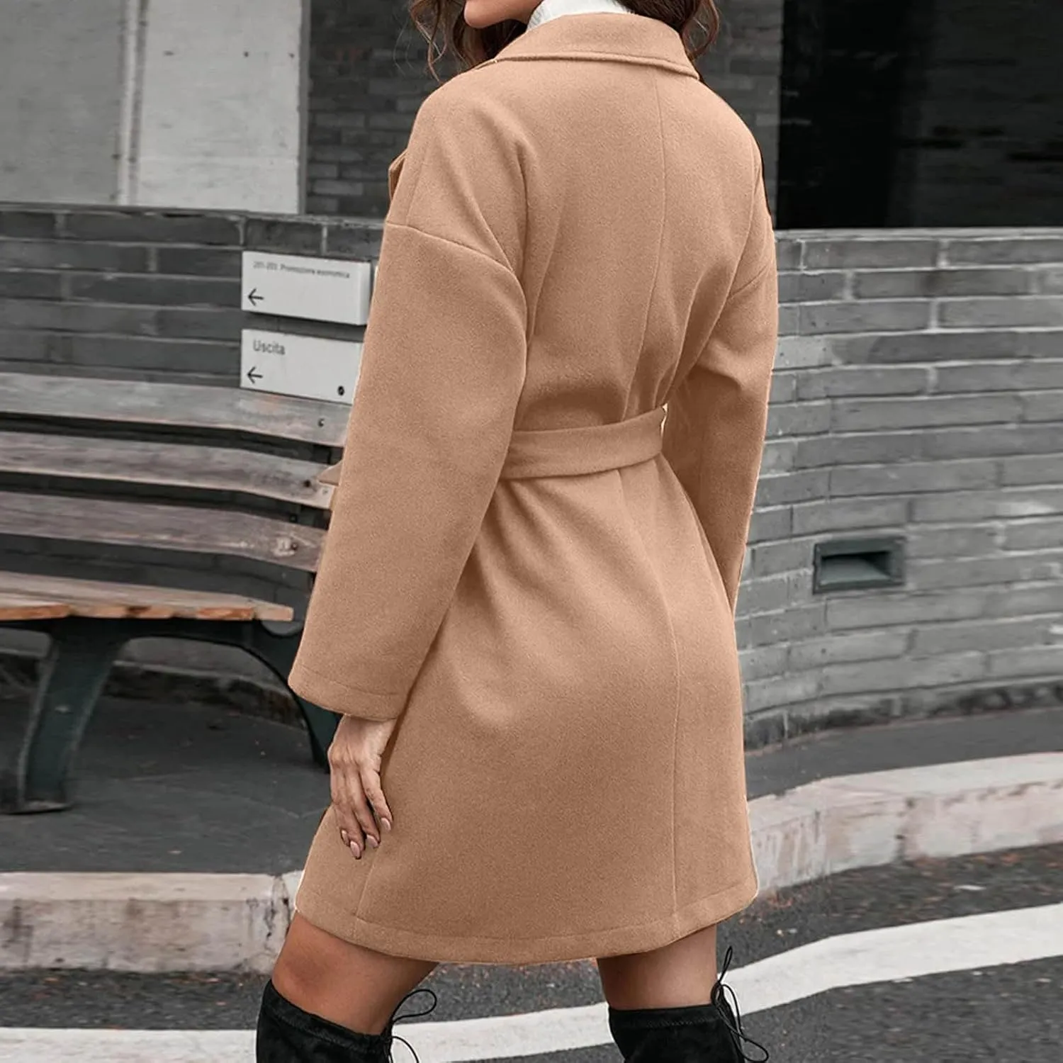 Women's Wool Coats Casual Notch Lapel Open Front Peacoat Plus Size Mid Length Overcoat Winter Trench Coats with Belt