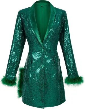 Womens Work Dress Fashion Sequin Feather Blazers Elegant Slim Fit Long Sleeve Button Jacket Coat 2024 Fall Party Suit