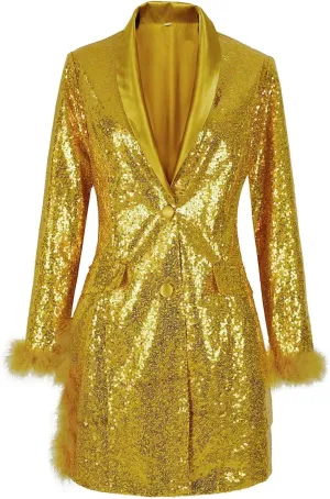 Womens Work Dress Fashion Sequin Feather Blazers Elegant Slim Fit Long Sleeve Button Jacket Coat 2024 Fall Party Suit