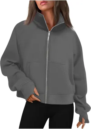 Womens Zip Up Hoodies 2024 Fleece Jacket Oversized Cropped Sweatshirt Casual Solid Fall Winter Clothes with Thumb Hole