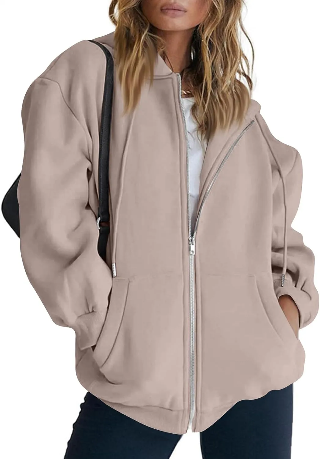 Womens Zip Up Hoodies Long Sleeve Drawstring Sweatshirt Oversized Zipper Hoodies Fleece Jacket with Pockets