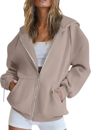 Womens Zip Up Hoodies Long Sleeve Drawstring Sweatshirt Oversized Zipper Hoodies Fleece Jacket with Pockets
