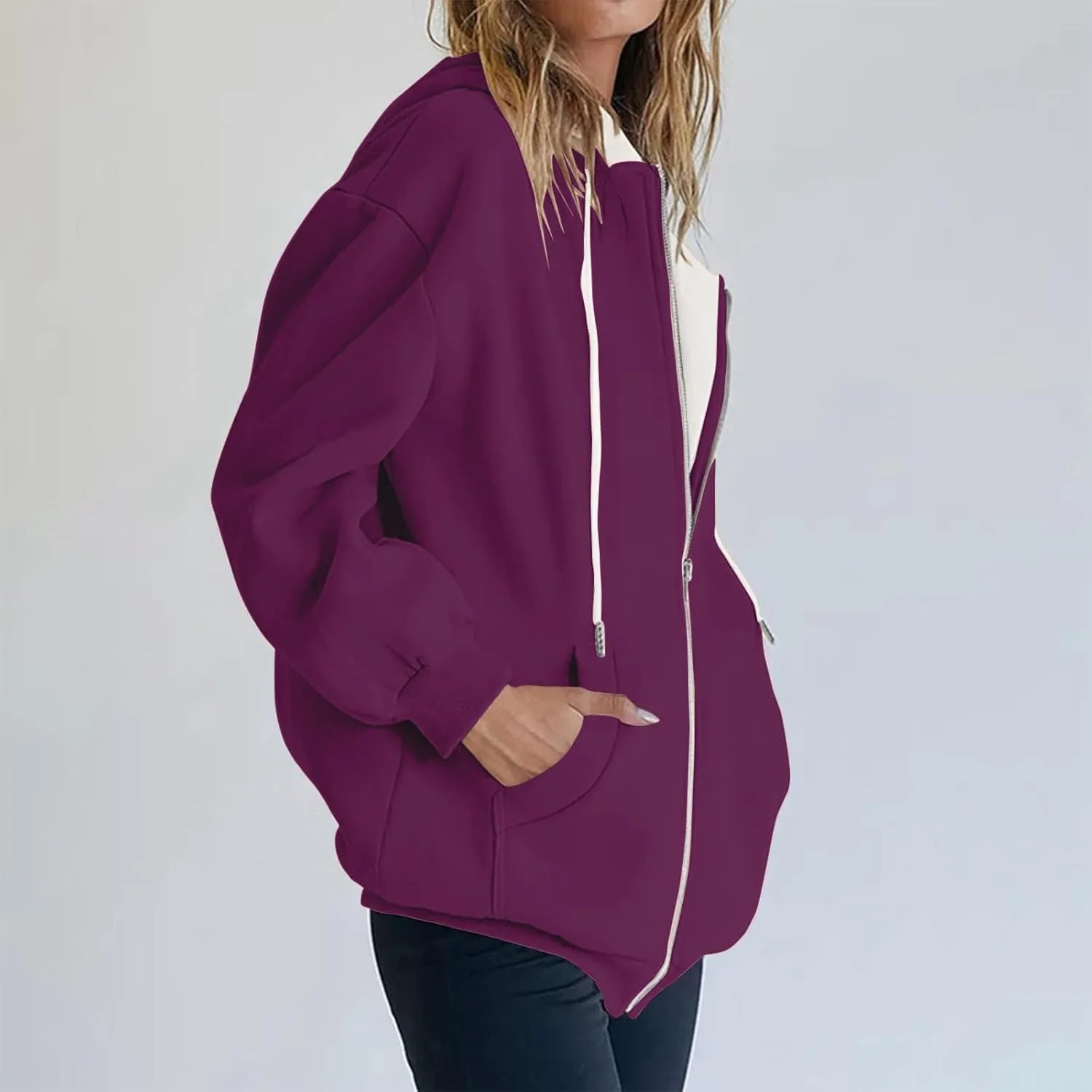 Womens Zip Up Hoodies Long Sleeve Drawstring Sweatshirt Oversized Zipper Hoodies Fleece Jacket with Pockets