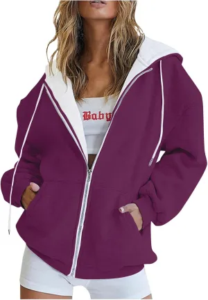 Womens Zip Up Hoodies Long Sleeve Drawstring Sweatshirt Oversized Zipper Hoodies Fleece Jacket with Pockets