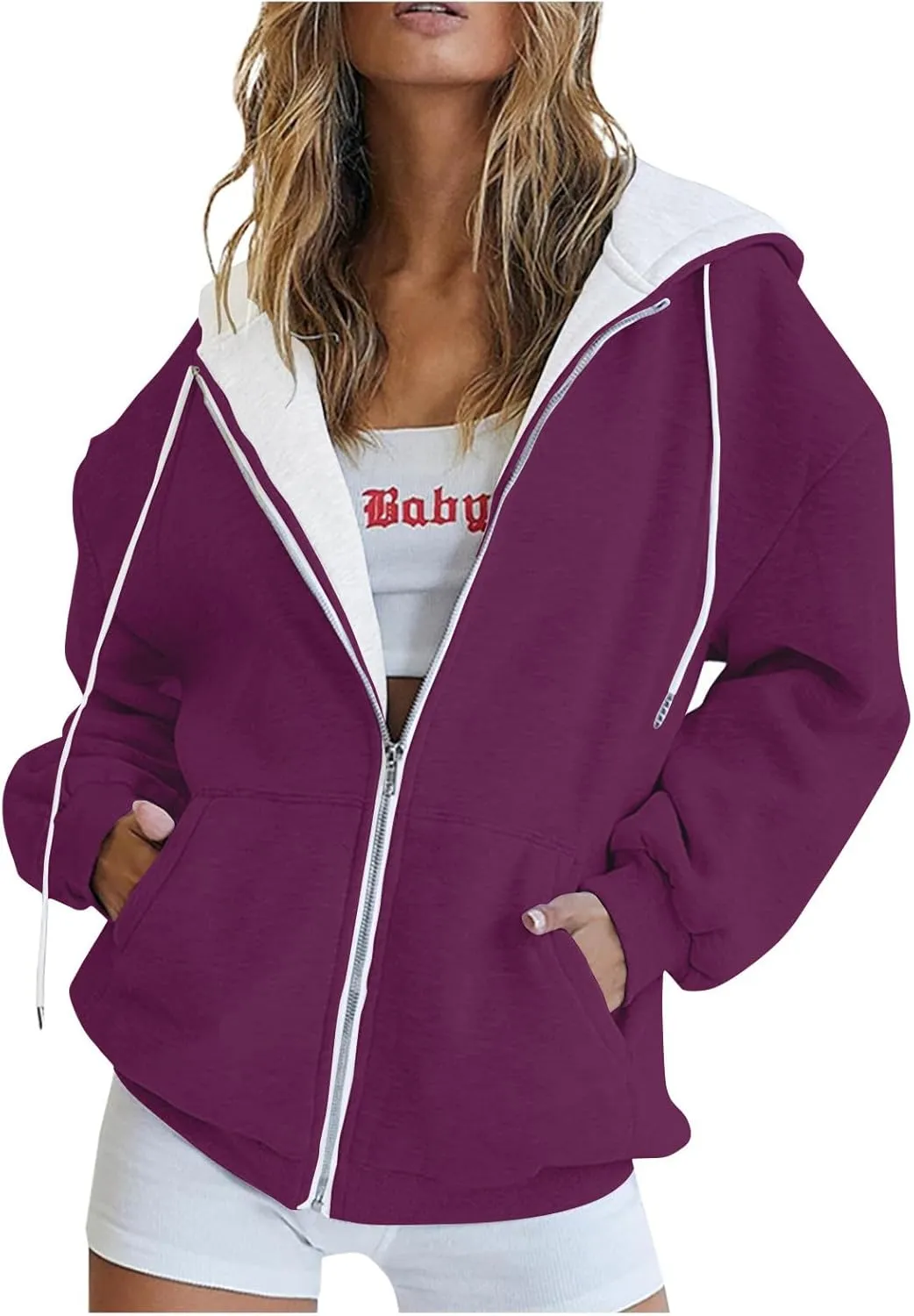 Womens Zip Up Hoodies Long Sleeve Drawstring Sweatshirt Oversized Zipper Hoodies Fleece Jacket with Pockets