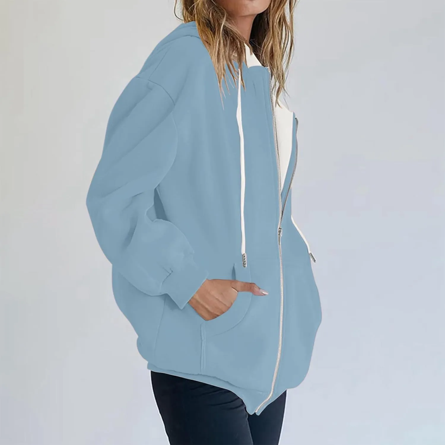 Womens Zip Up Hoodies Long Sleeve Drawstring Sweatshirt Oversized Zipper Hoodies Fleece Jacket with Pockets
