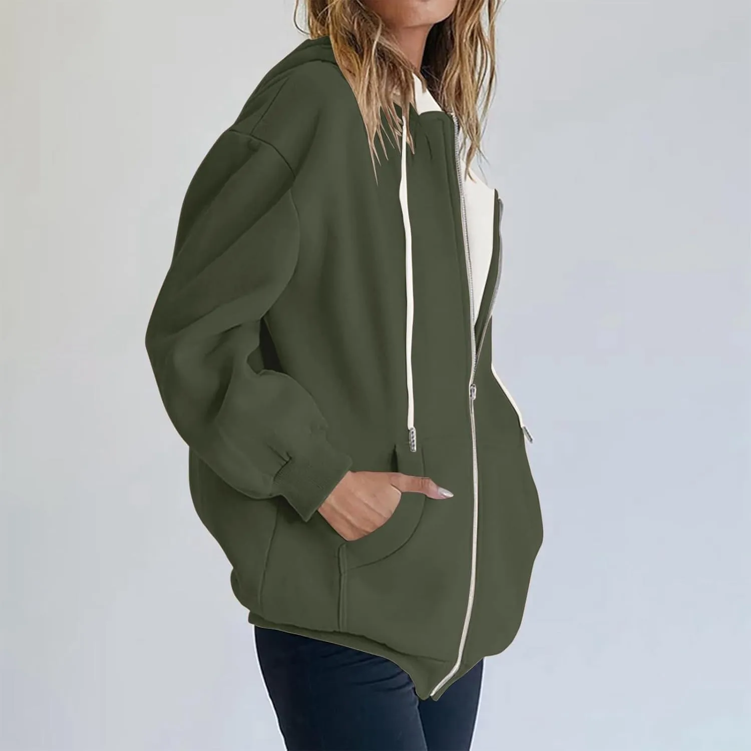 Womens Zip Up Hoodies Long Sleeve Drawstring Sweatshirt Oversized Zipper Hoodies Fleece Jacket with Pockets