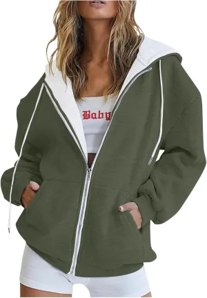 Womens Zip Up Hoodies Long Sleeve Drawstring Sweatshirt Oversized Zipper Hoodies Fleece Jacket with Pockets