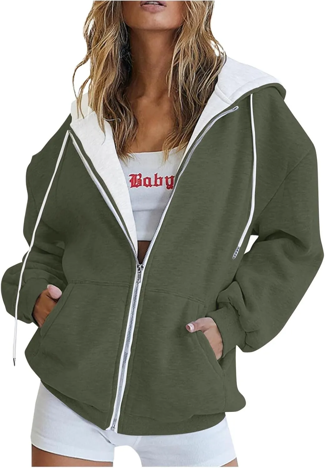 Womens Zip Up Hoodies Long Sleeve Drawstring Sweatshirt Oversized Zipper Hoodies Fleece Jacket with Pockets