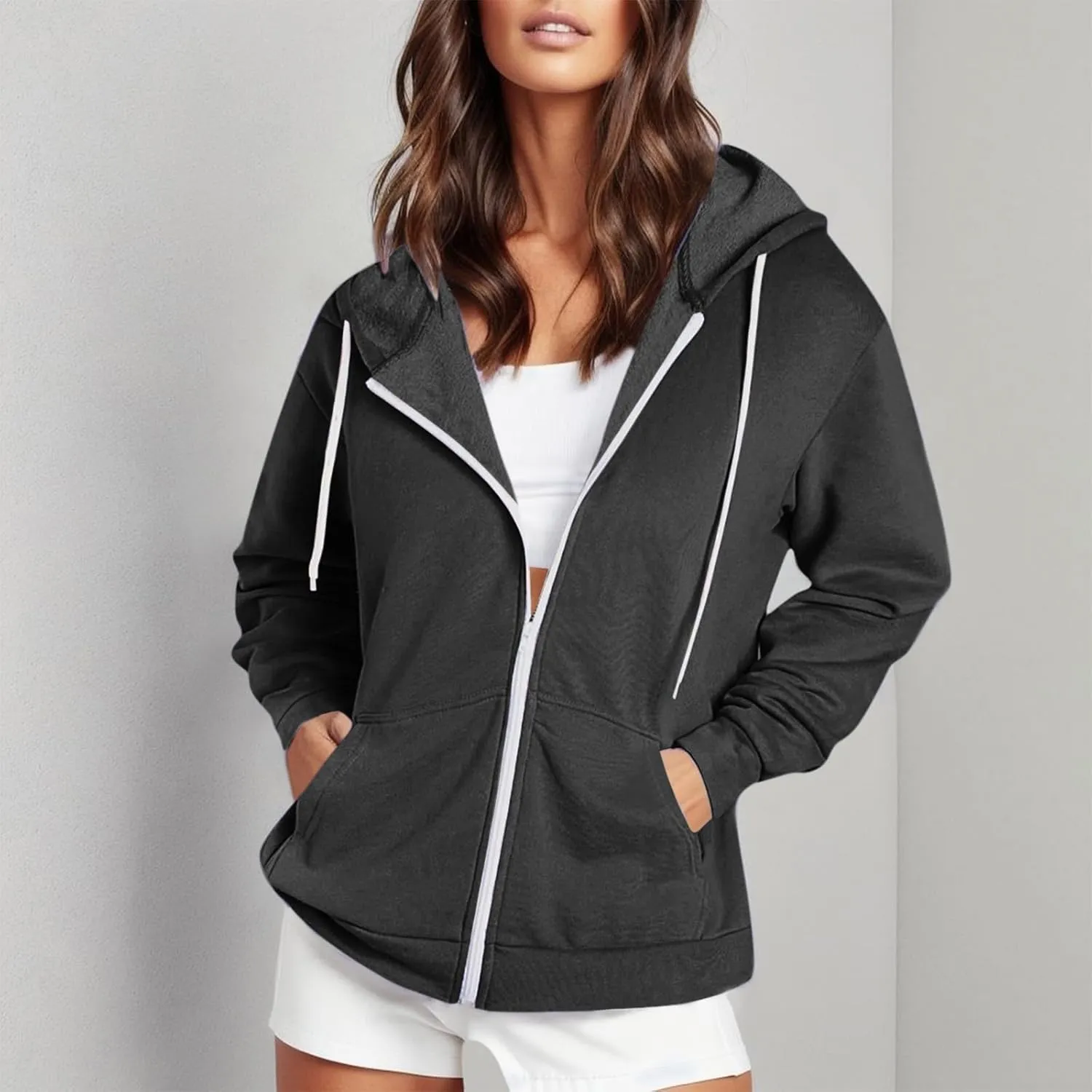 Womens Zip Up Hoodies Solid Long Sleeve Oversized Sweatshirts Fleece Jacket with Pockets