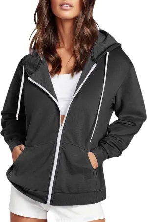 Womens Zip Up Hoodies Solid Long Sleeve Oversized Sweatshirts Fleece Jacket with Pockets