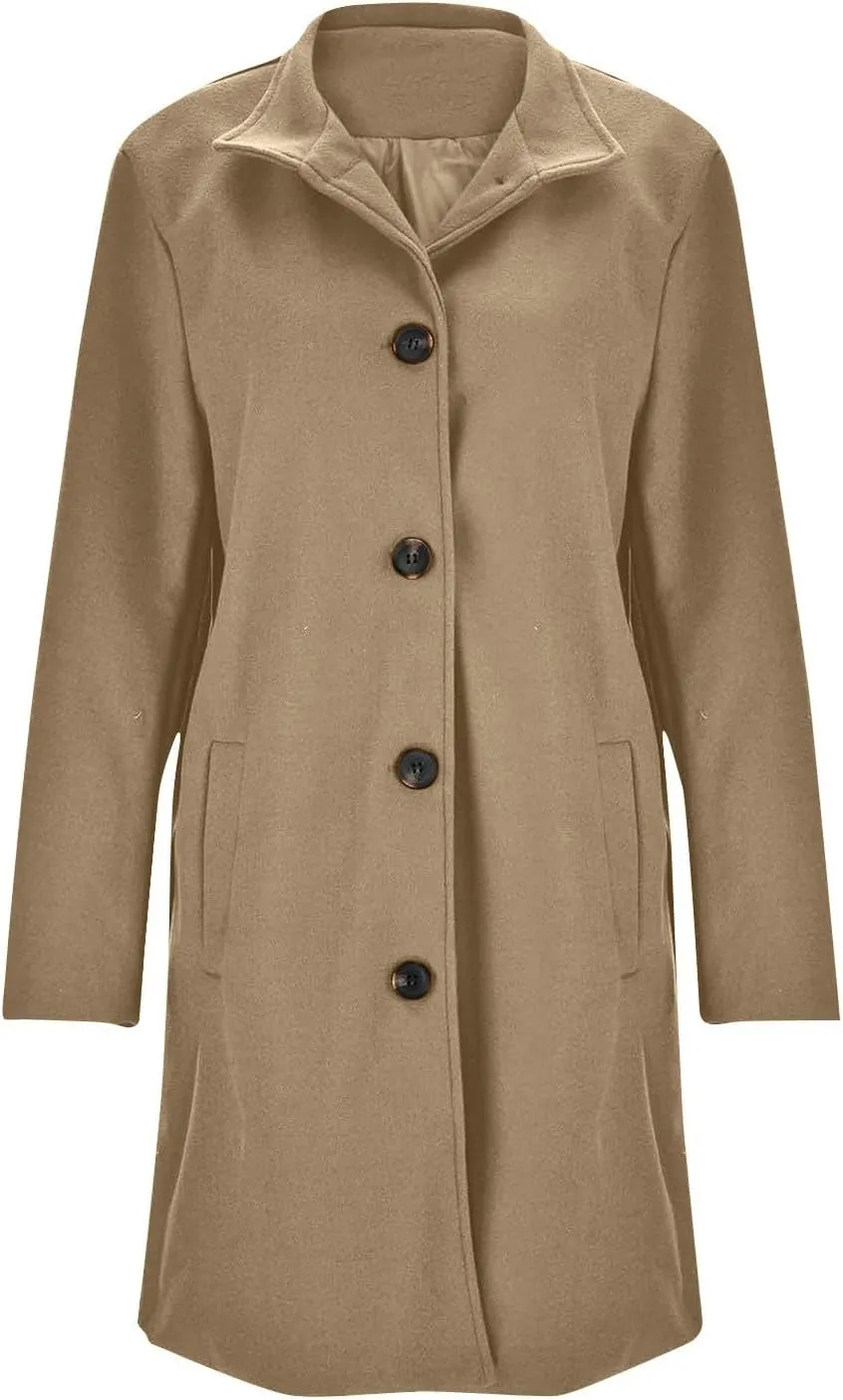 Wool Coats for Women Casual Wool Trench Double Pea Coats Stand Collar Fleece Lined Jacket Outerwear