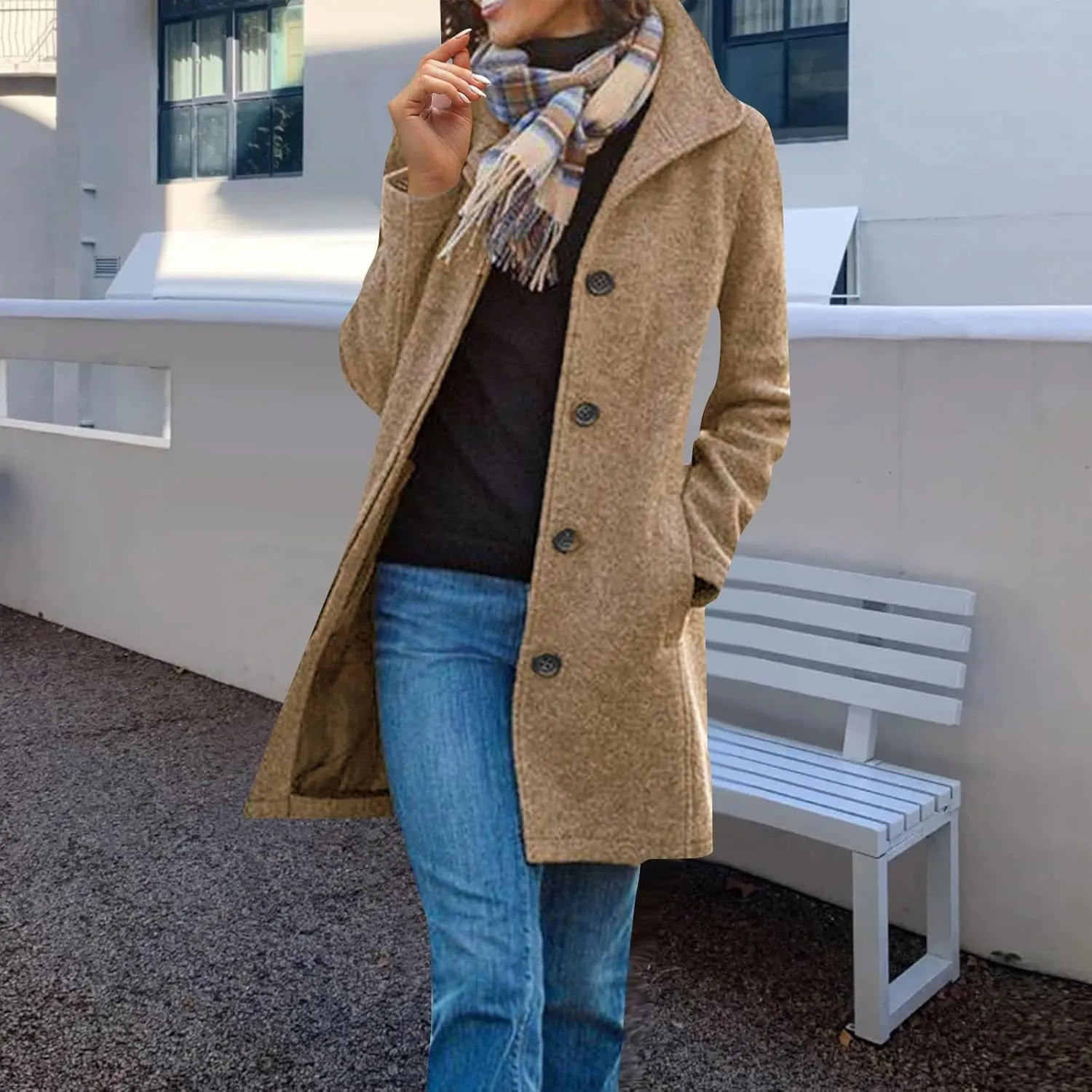 Wool Coats for Women Casual Wool Trench Double Pea Coats Stand Collar Fleece Lined Jacket Outerwear