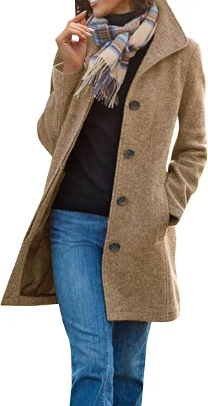 Wool Coats for Women Casual Wool Trench Double Pea Coats Stand Collar Fleece Lined Jacket Outerwear